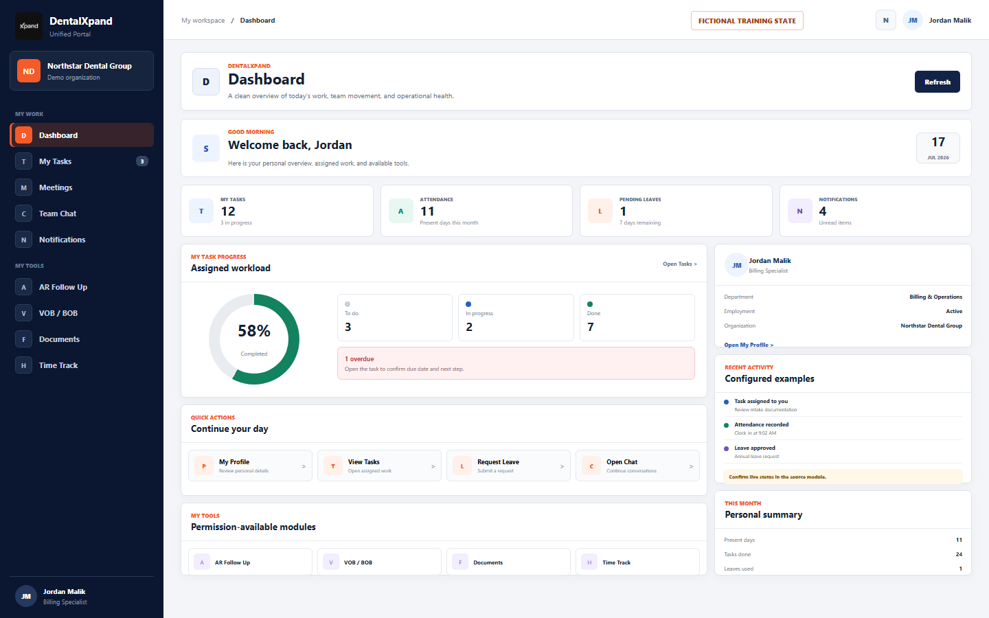 Fictional DentalXpand employee Dashboard with personal task progress, attendance, leave, notifications, quick actions, tools, profile, configured activity examples, and monthly summary