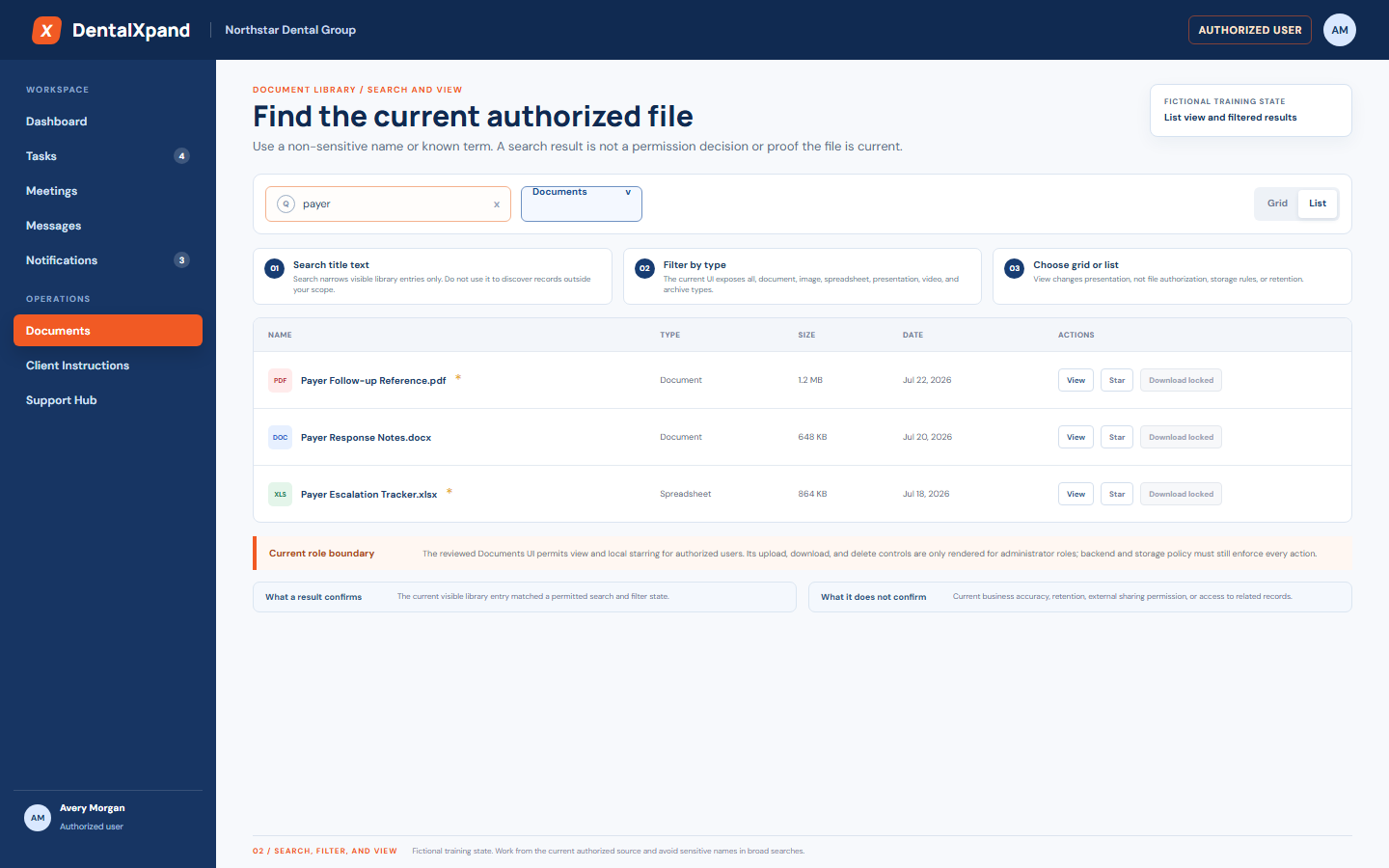 Fictional DentalXpand Documents list view with text search, Documents type filter, grid and list toggle, visible file results, view and star actions, and administrator-only download boundary