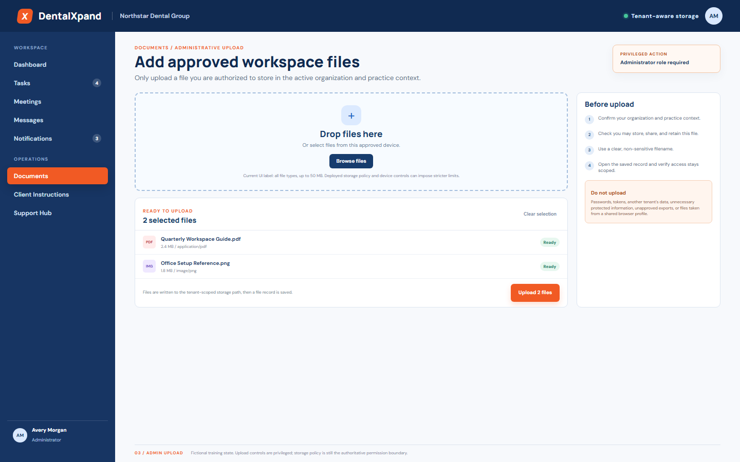 Fictional DentalXpand Documents administrator upload view with drag and drop area, file queue, file type information, tenant storage context, upload preparation steps, and unsafe upload warning