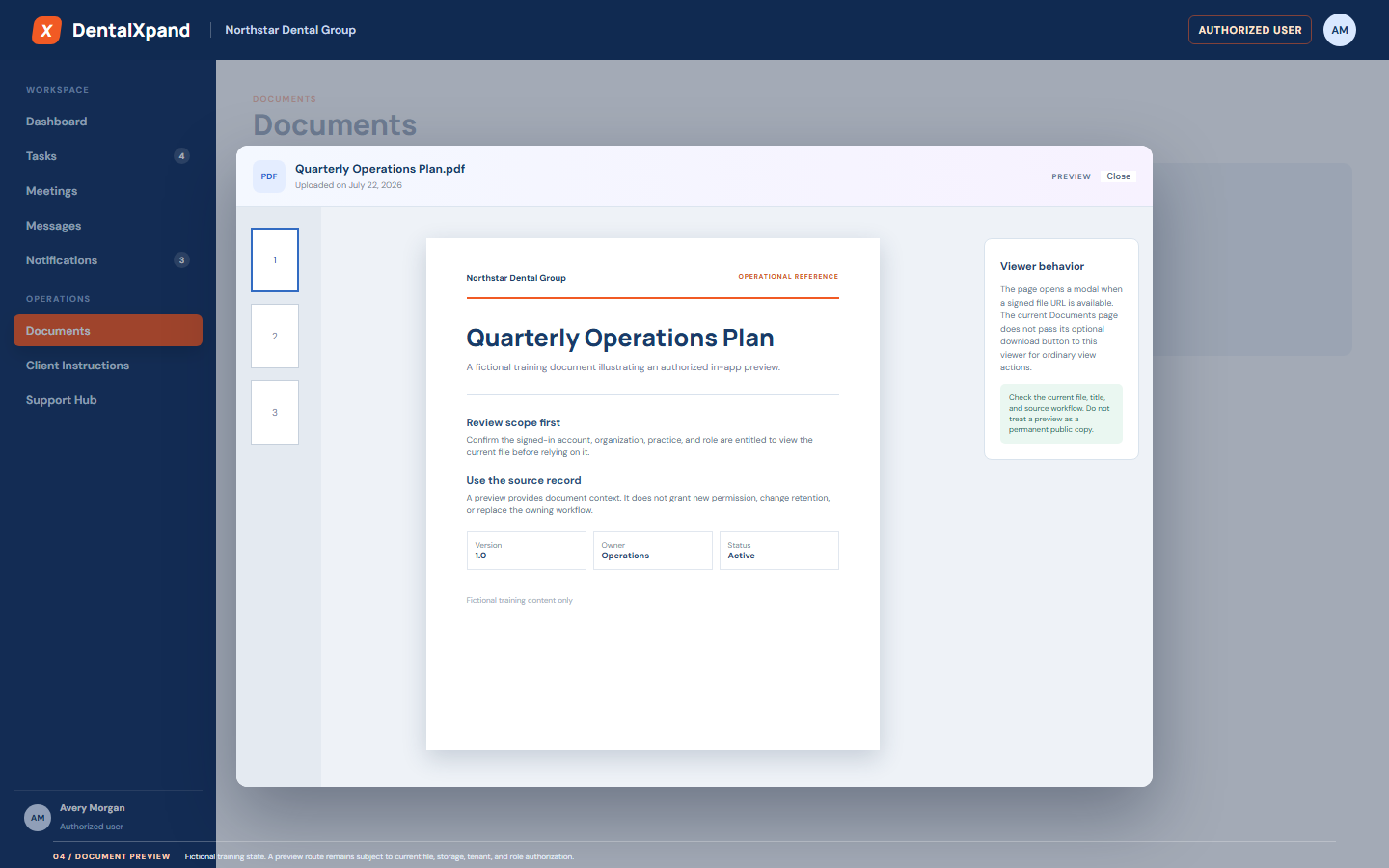 Fictional DentalXpand Documents modal preview showing document title upload date preview label page thumbnails in-app document content and viewer behavior guidance