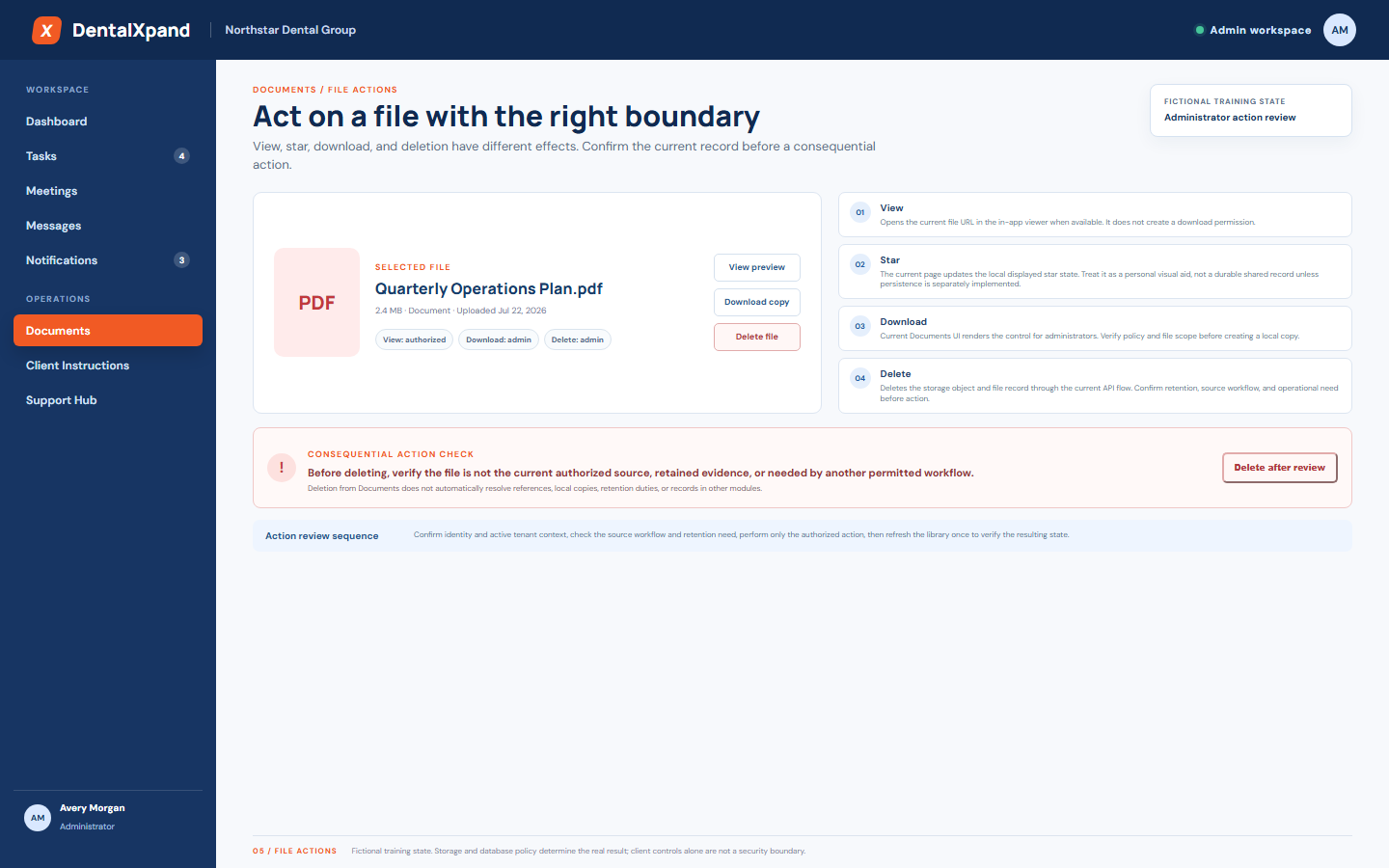 Fictional DentalXpand Documents administrator file action view showing view preview download copy delete file action explanations and a consequential deletion review warning