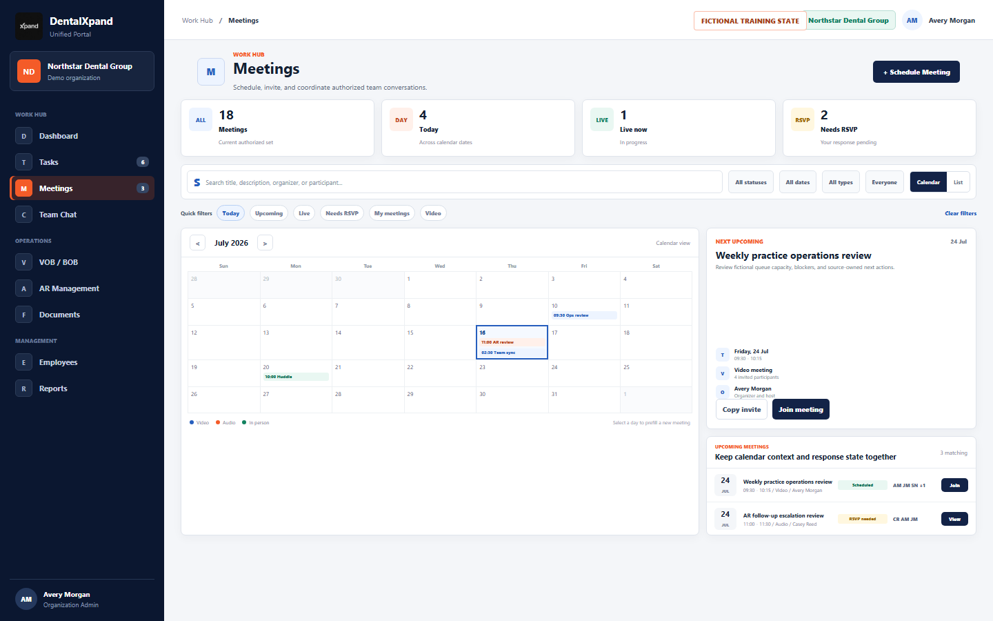 Fictional DentalXpand Meetings command center showing meeting metrics, search, filters, quick filters, calendar, upcoming meeting details, and meeting rows