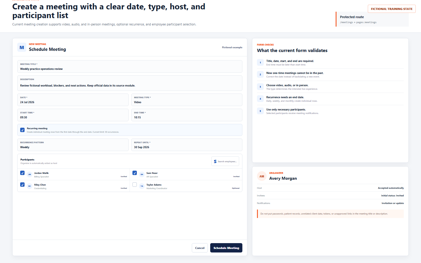 Fictional DentalXpand Schedule Meeting form showing title, description, date, meeting type, times, recurrence, participants, organizer host, and validation guidance