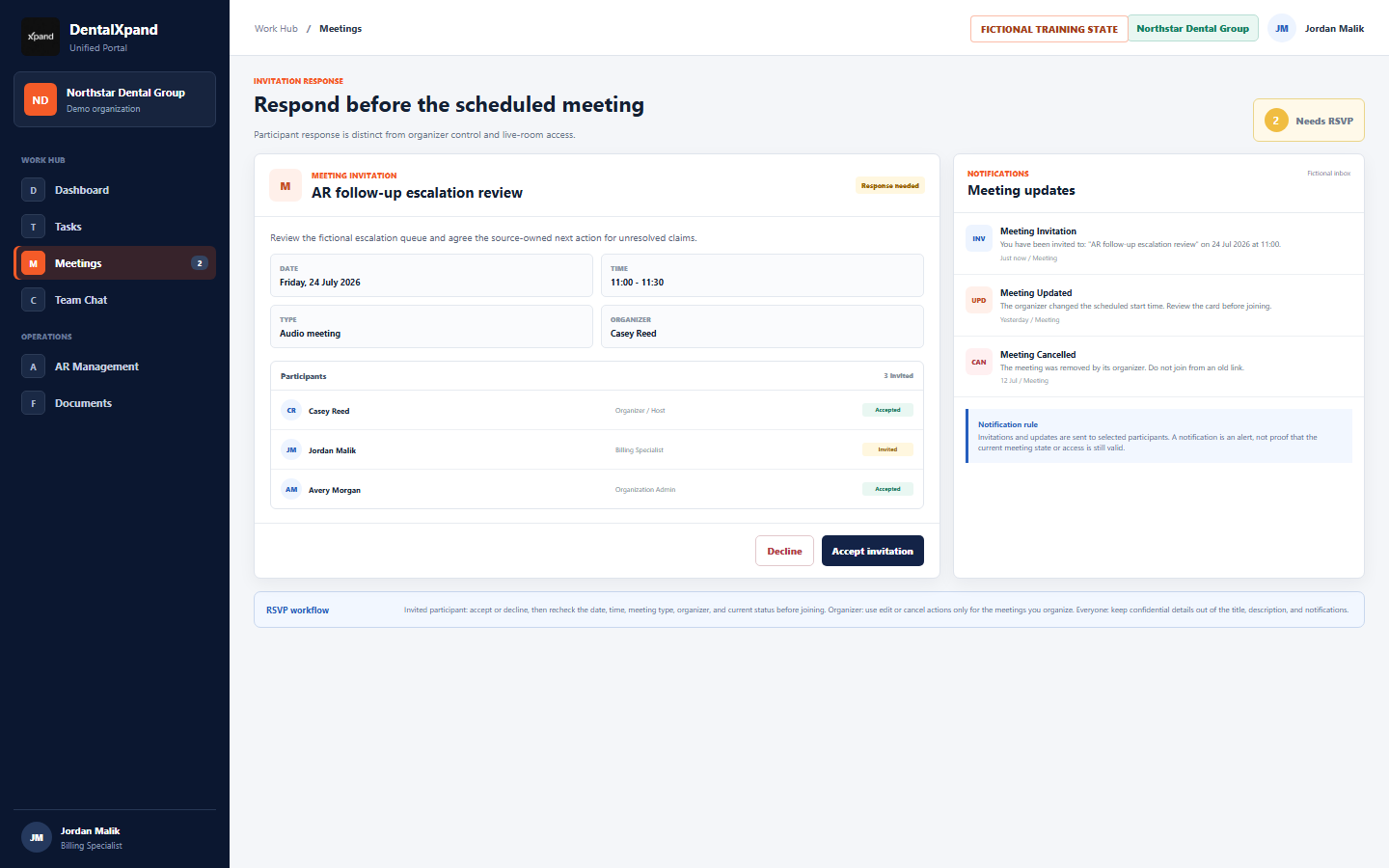 Fictional DentalXpand meeting invitation showing date, time, audio type, organizer, participant list, accept and decline actions, and fictional meeting notifications