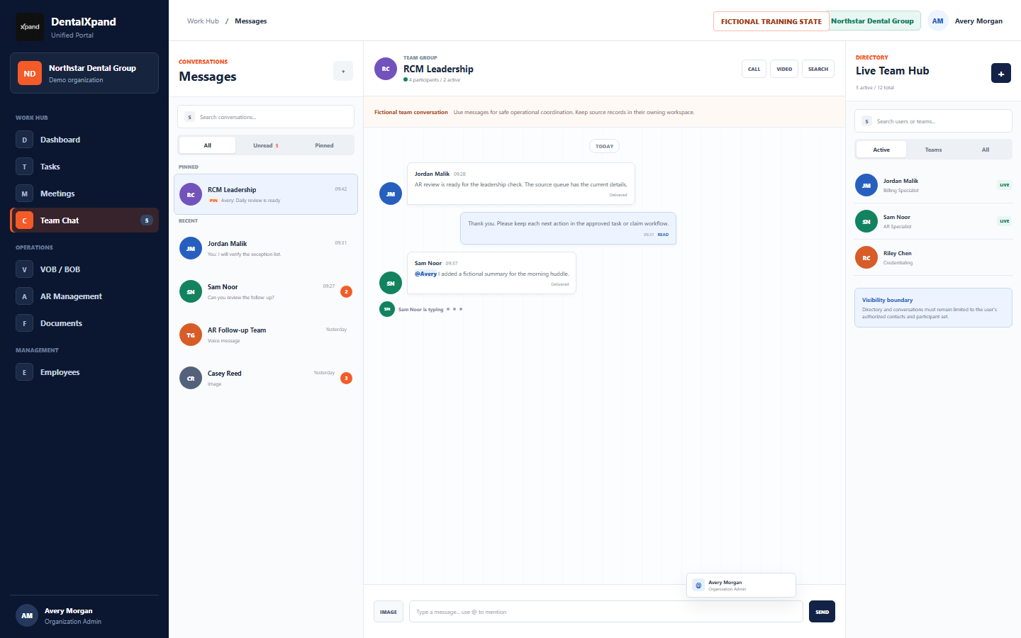 Fictional DentalXpand Messages command center with conversation list, direct and group chat thread, message composer, active directory, unread badges, and visibility boundary note