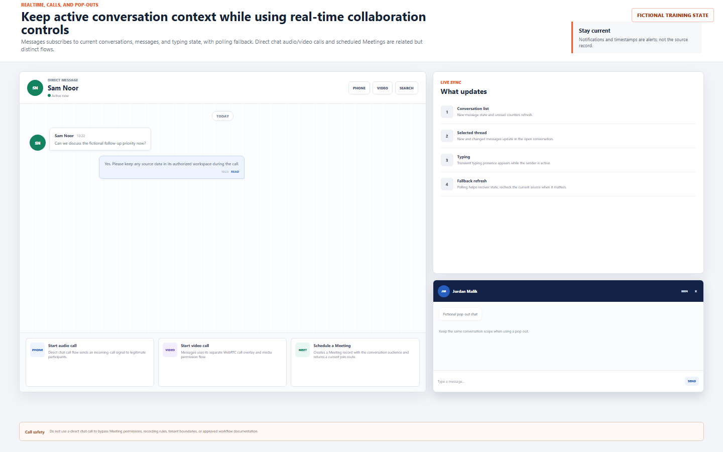 Fictional DentalXpand direct message with live synchronization states, audio and video call actions, Meeting scheduling action, pop-out conversation, and call safety notice