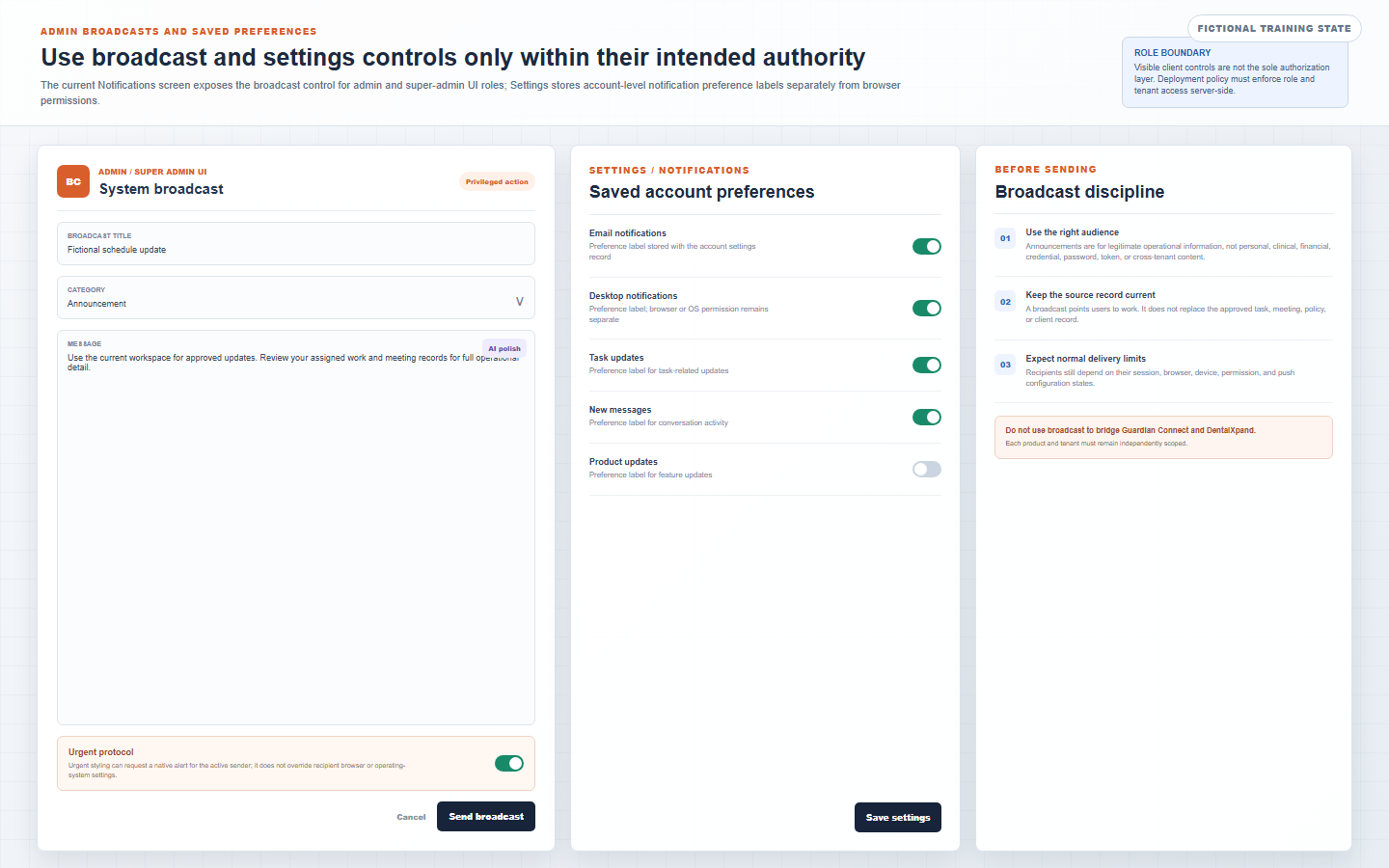 Fictional DentalXpand admin broadcast form with title category message urgent option saved notification preferences and broadcast safety guidance
