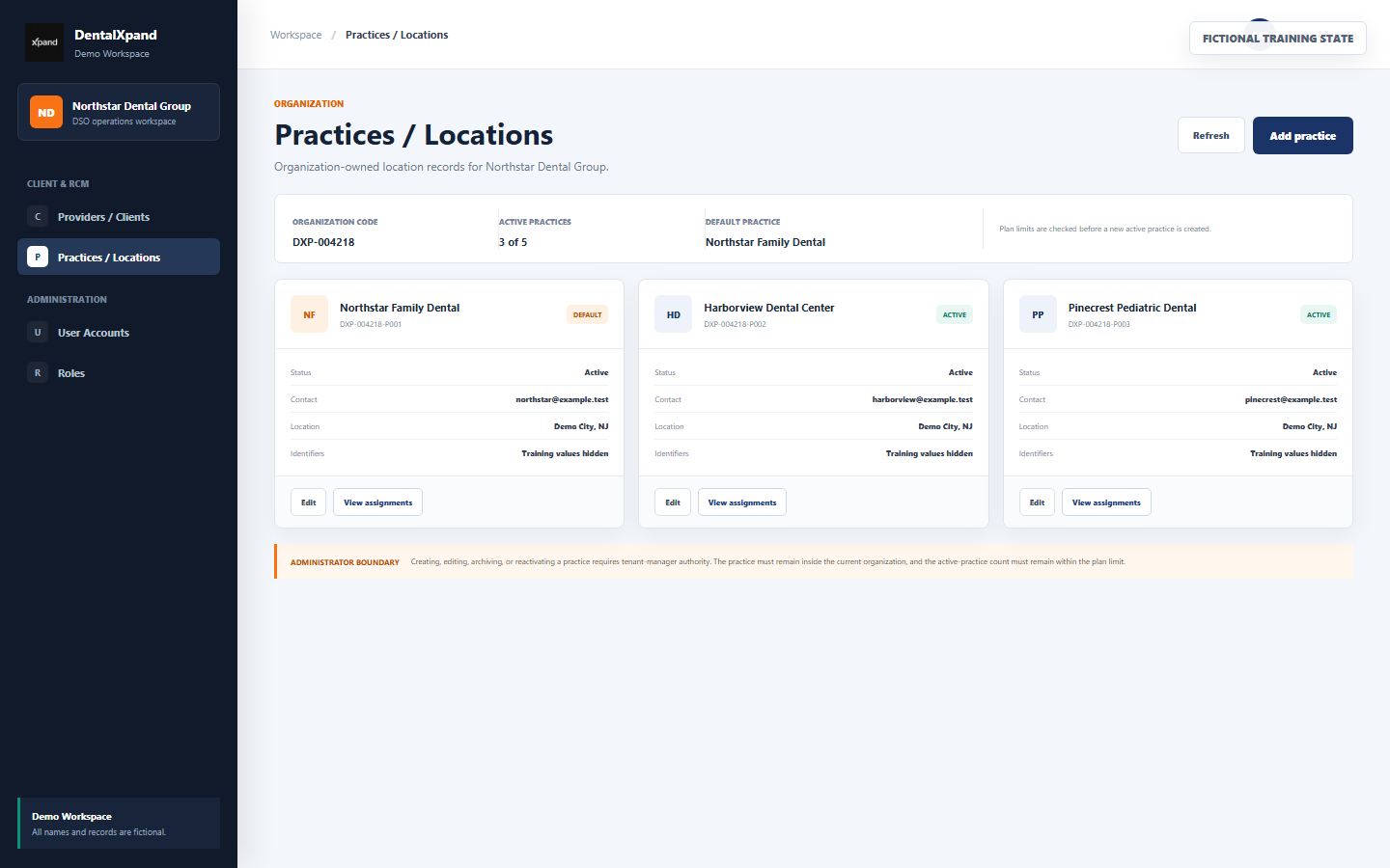 Fictional DentalXpand Practices and Locations directory showing default and active practices