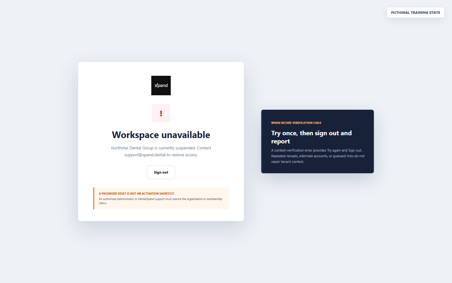 Fictional DentalXpand Workspace unavailable screen for a suspended organization
