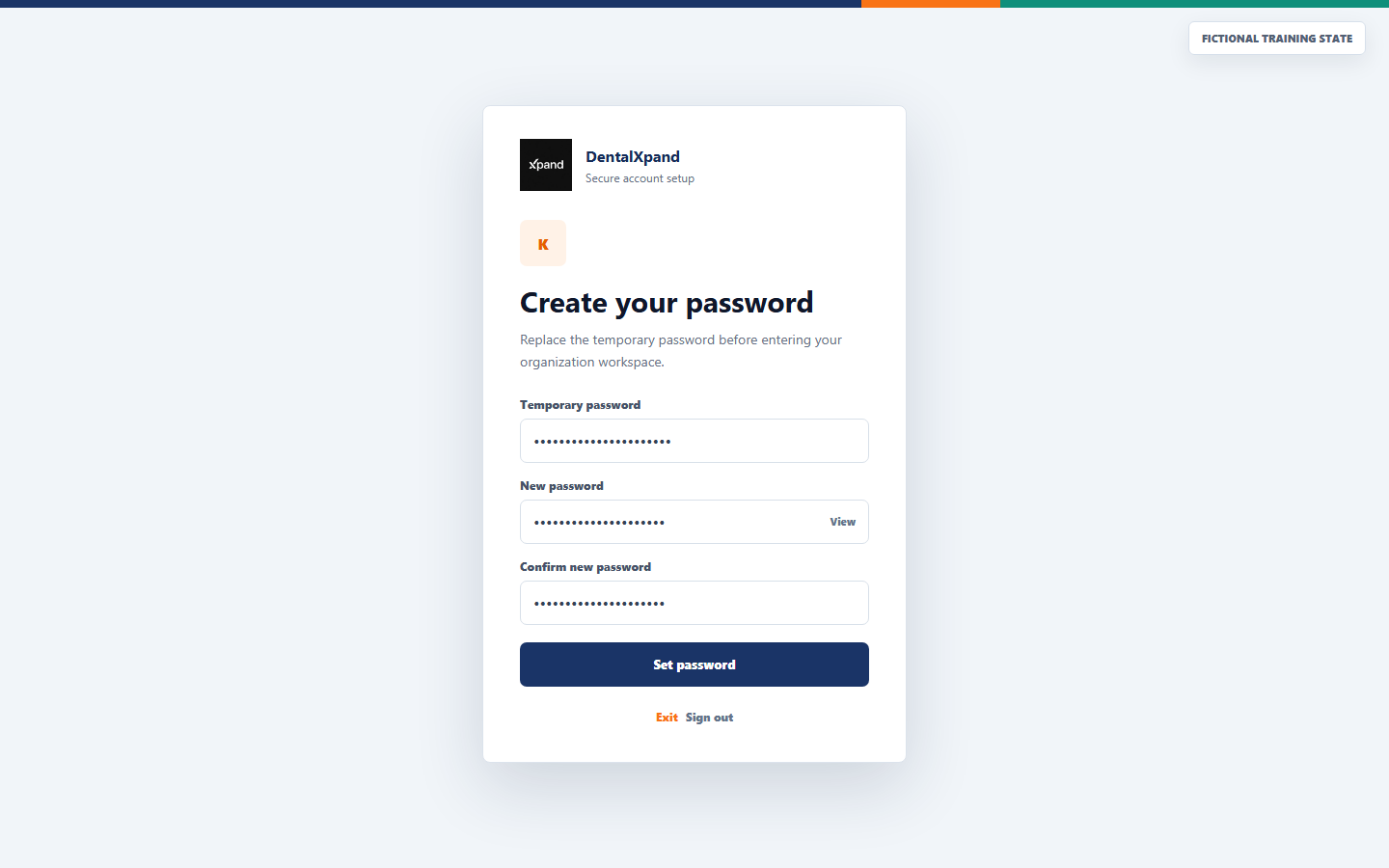 Fictional DentalXpand required temporary password change screen