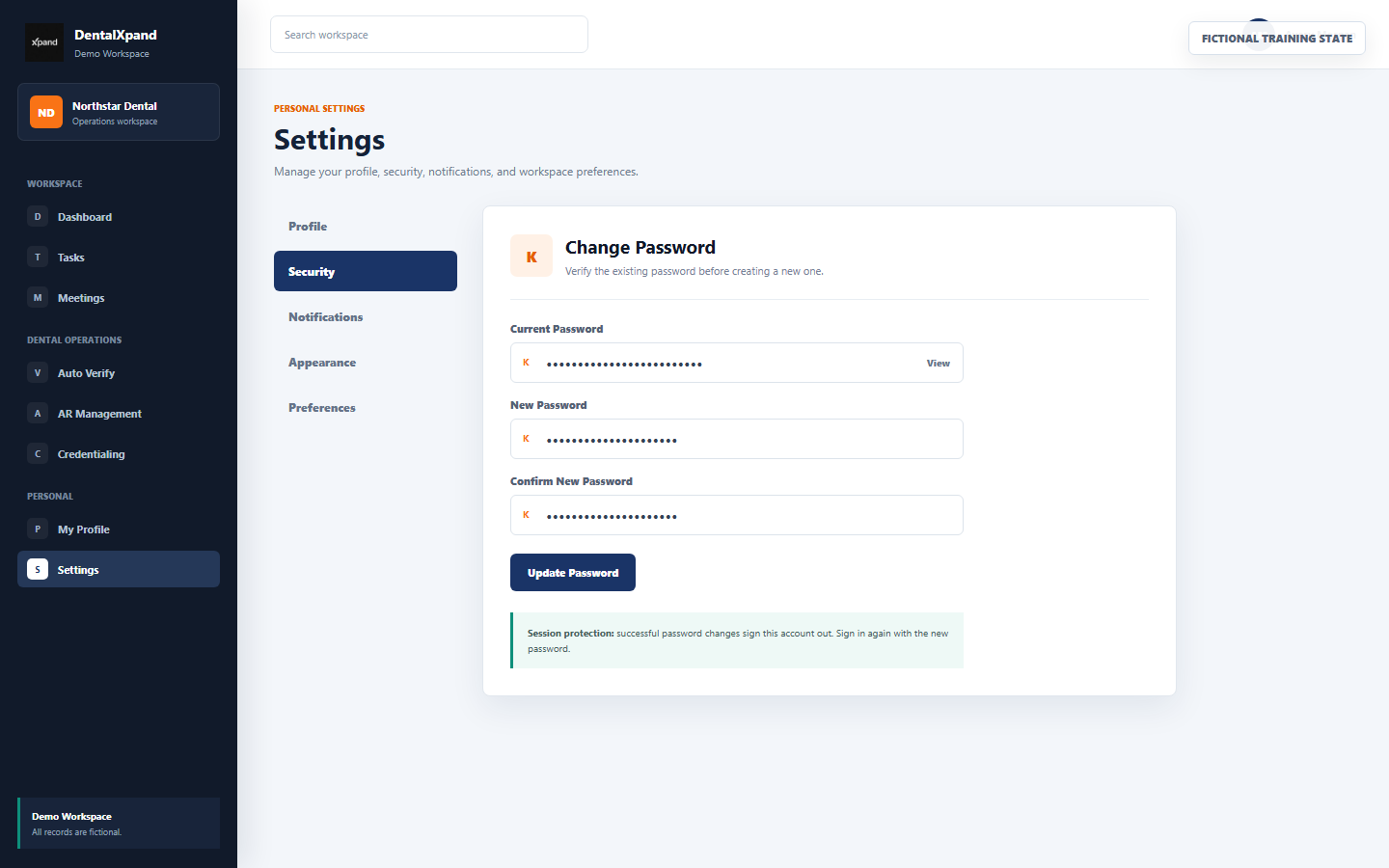 Fictional DentalXpand Settings Security tab with change password form