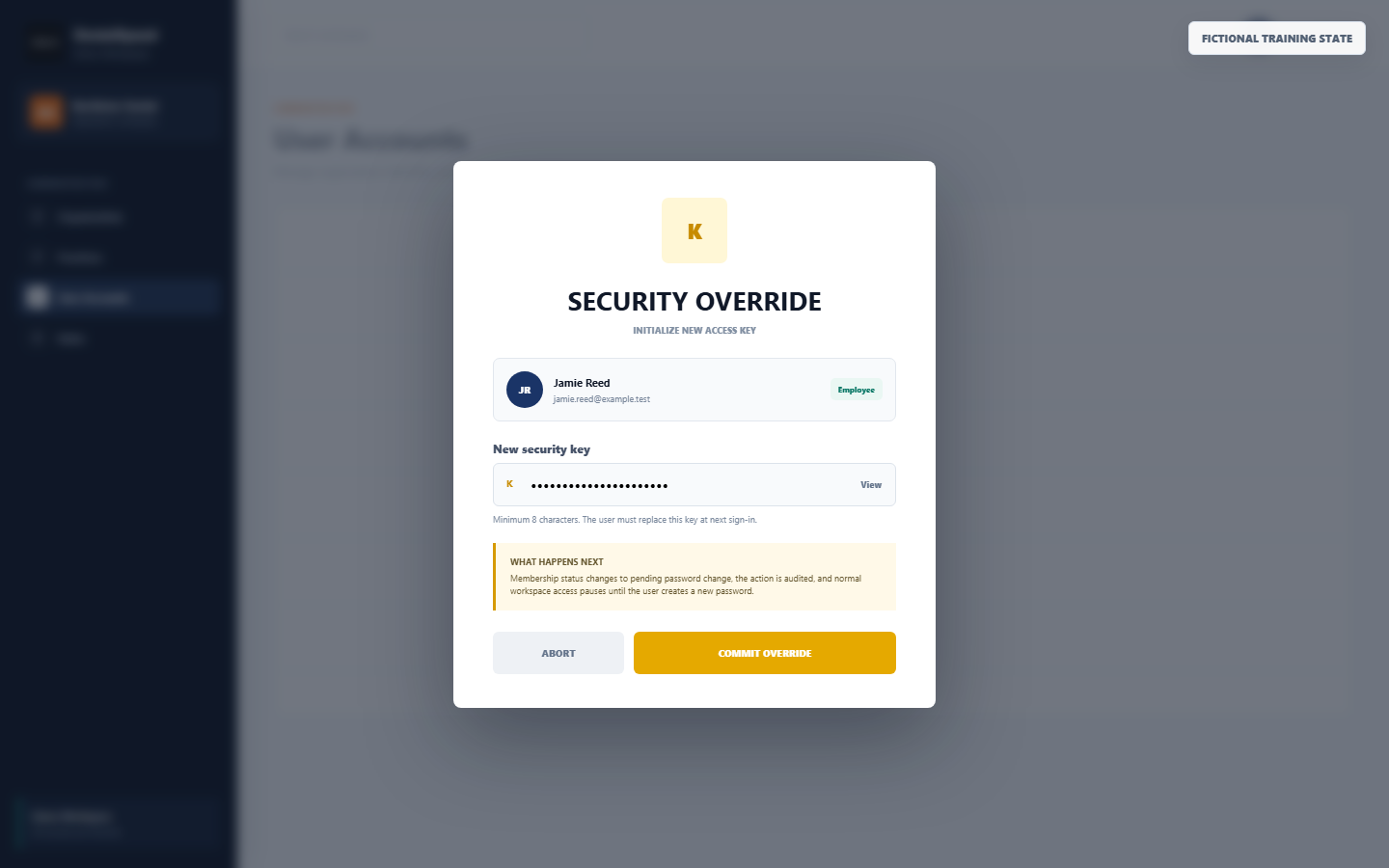 Fictional DentalXpand Security Override password reset modal