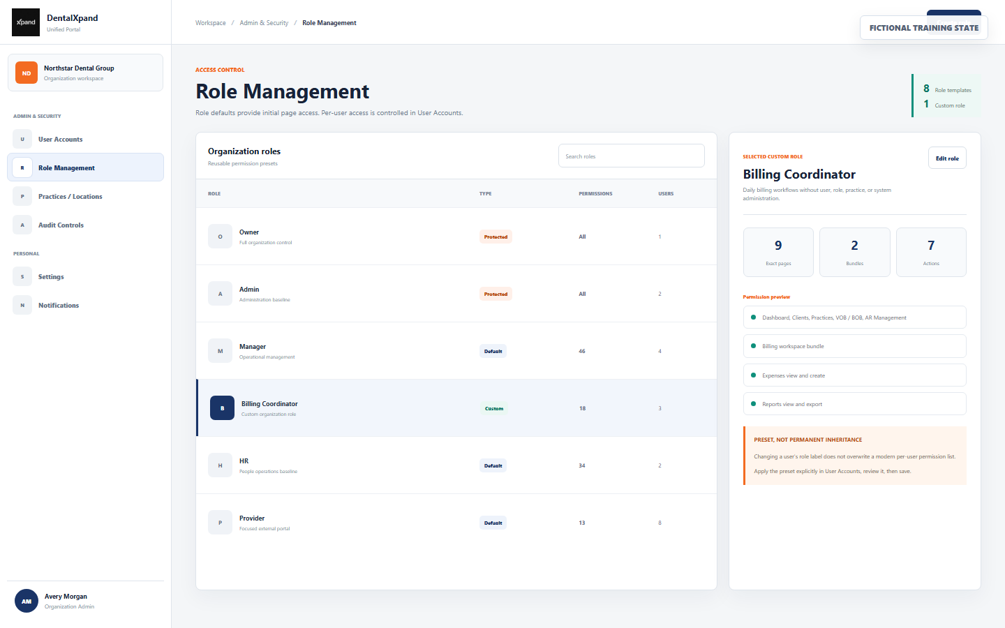 Fictional DentalXpand Role Management page showing protected Owner and Admin roles, default roles, and a selected custom Billing Coordinator role