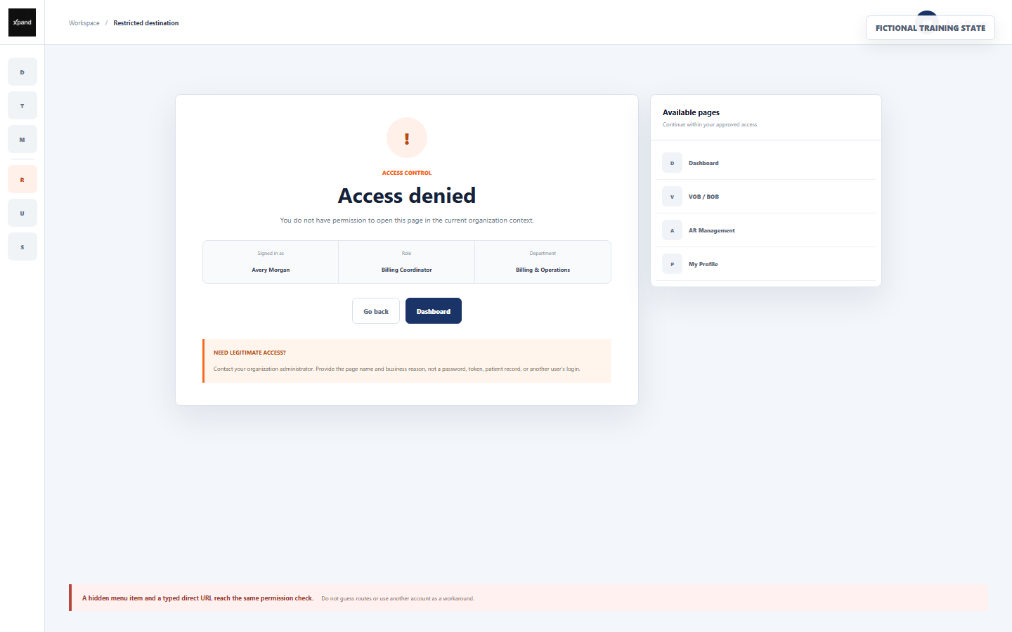 Fictional DentalXpand Access denied page showing signed-in user, role, department, safe navigation actions, and available pages