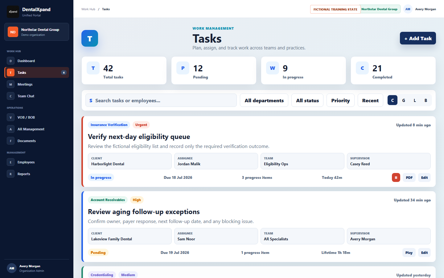 Fictional DentalXpand Tasks command center showing summary cards, filters, view controls, assignment details, progress count, timer state, and task actions