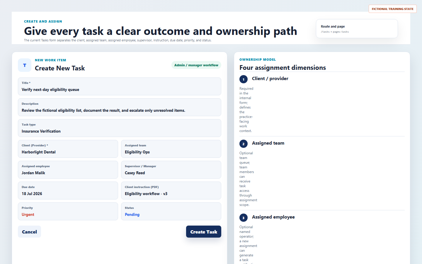 Fictional DentalXpand task creation form showing title, description, task type, client, team, employee, supervisor, due date, client instruction, priority, and status