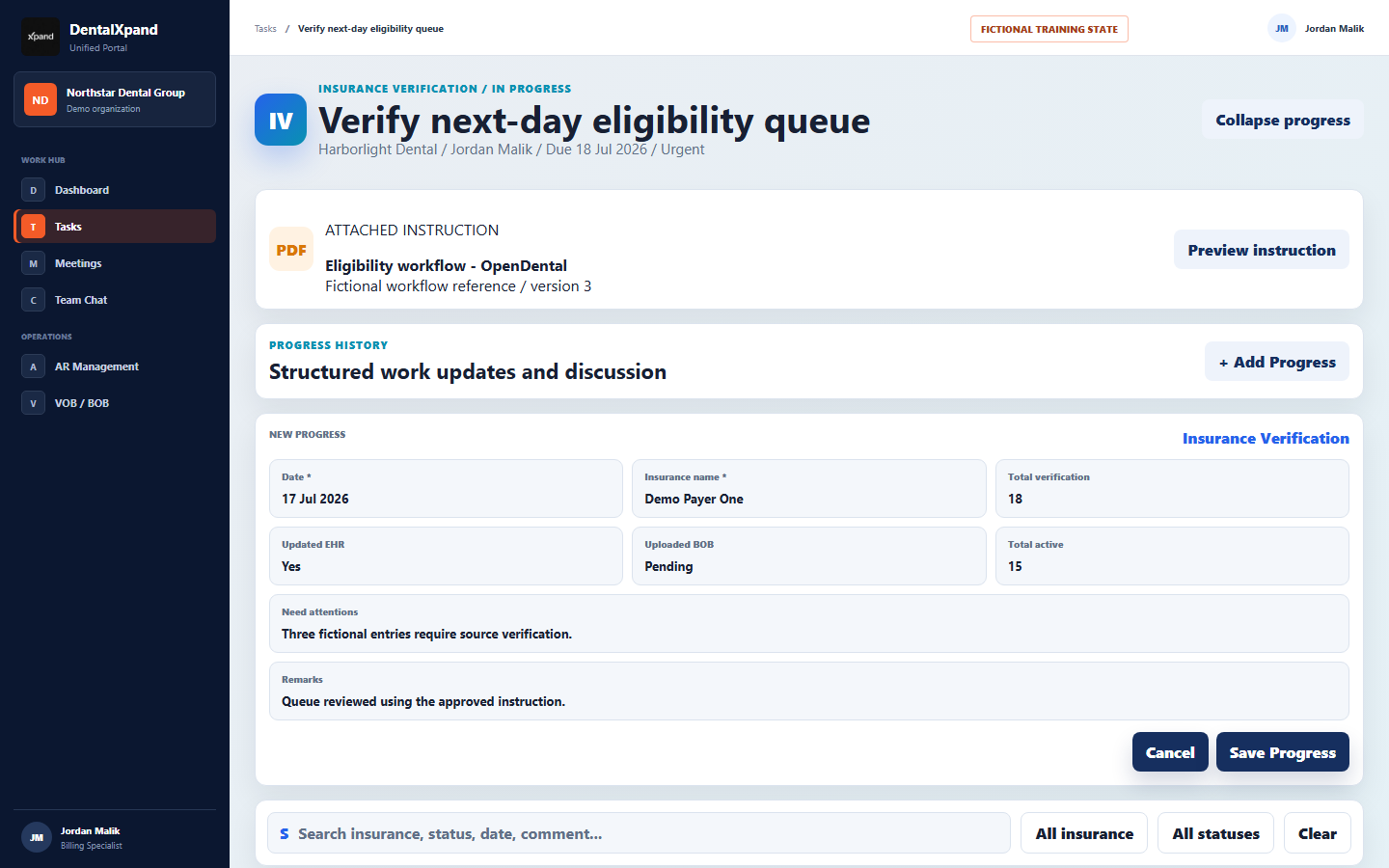 Fictional DentalXpand expanded task showing attached instruction PDF, dynamic progress form, progress filters, grouped history, and social-style comments