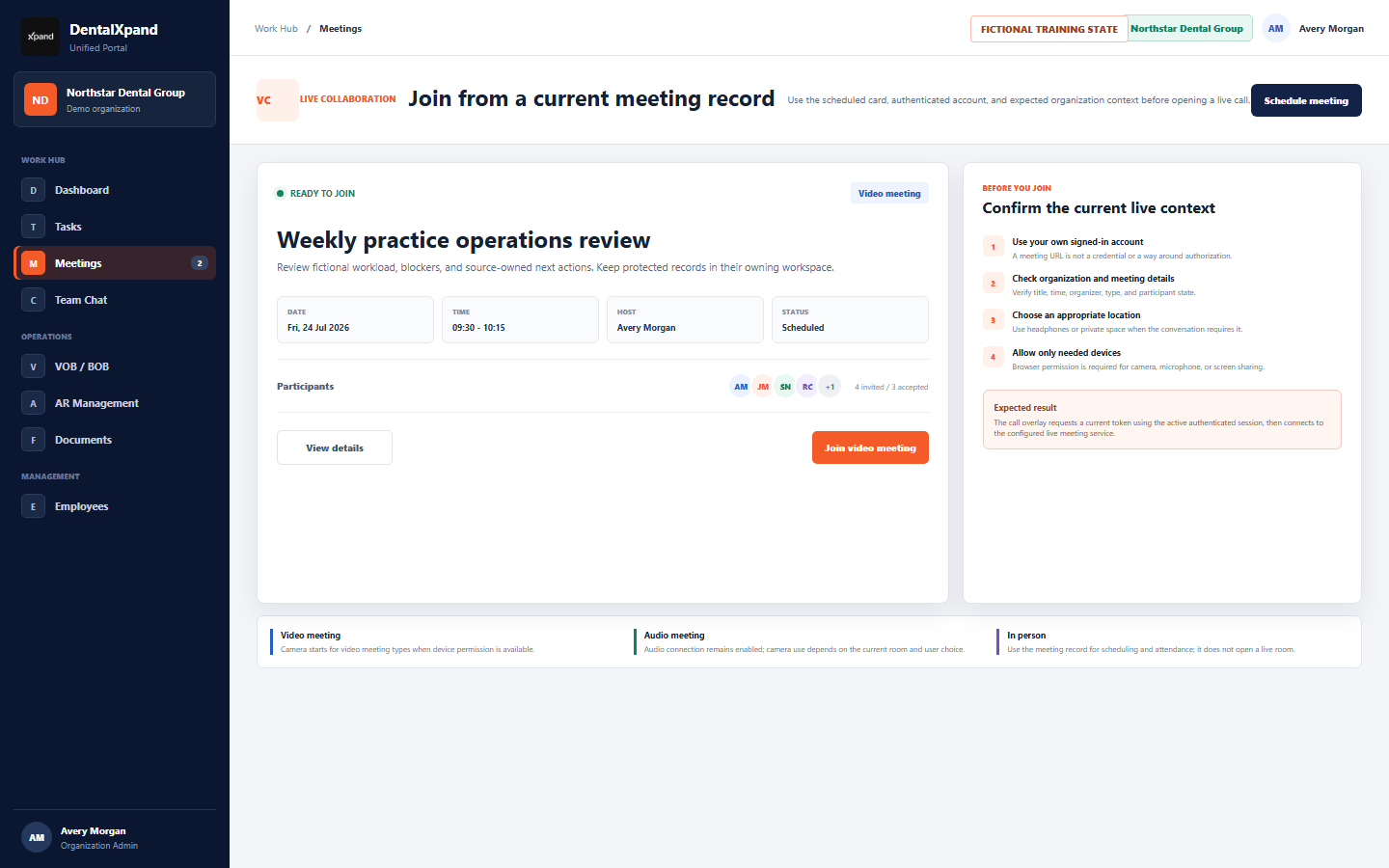 Fictional DentalXpand Meetings page with a current video meeting card, Join video meeting action, meeting details, participants, and a pre-join safety checklist