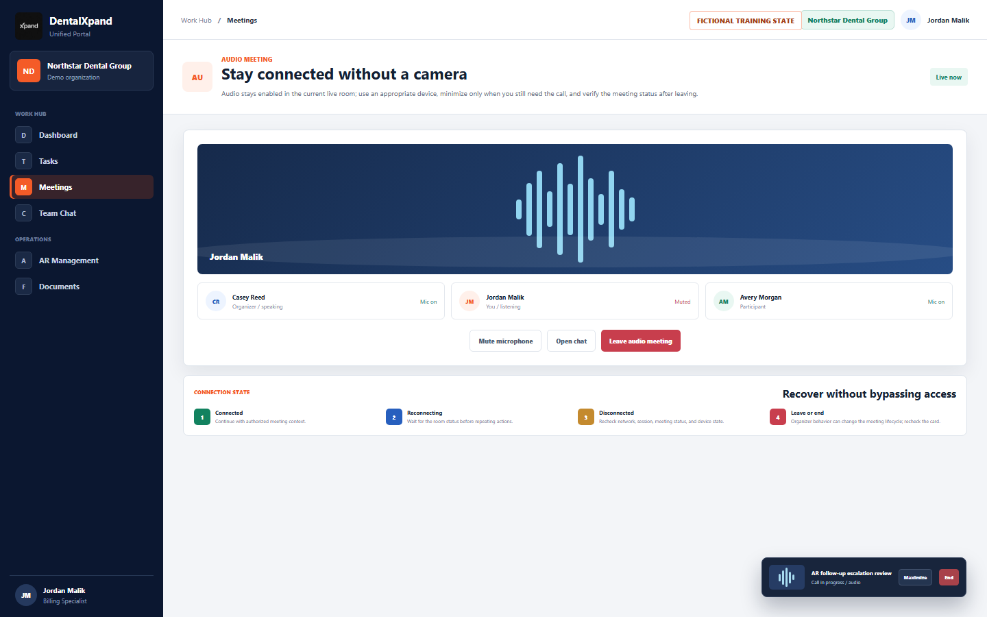 Fictional DentalXpand audio meeting with participant state, audio controls, connection recovery steps, and a minimized call panel