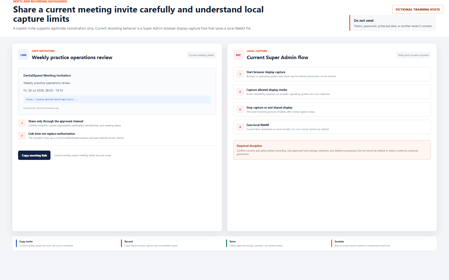 Fictional DentalXpand invitation copy and local recording safeguards view showing a current meeting invite, browser display capture steps, local WebM output, and required policy discipline
